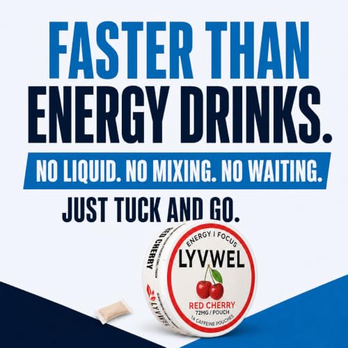 Image of LyvWel 72mg Caffeine Energy Pouches - Cherry Blast, Blueberry Ice, Mango Crush - Clean Energy with Guarana for Focus & Stamina - 3-Pack (48 Total Pouches)