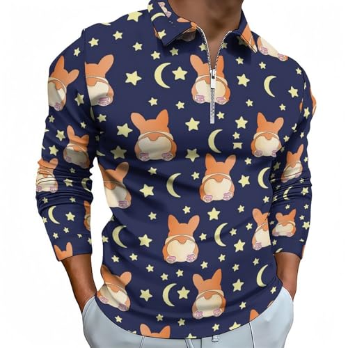 T-shirt de golf homme manches longues zippé automne imprimé Corgi lune étoiles chic