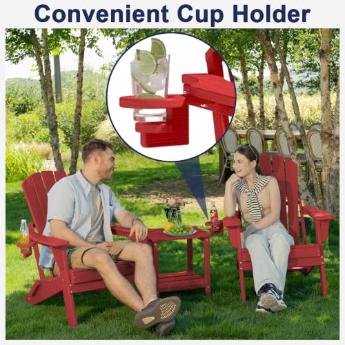 Image of Plawdlik Folding Adirondack Chair with Cup Holder, Red | SGS Tested, Wooden Textured , Heavy All-Weather HDPE Outdoor chairs for patio Backyard Lawn