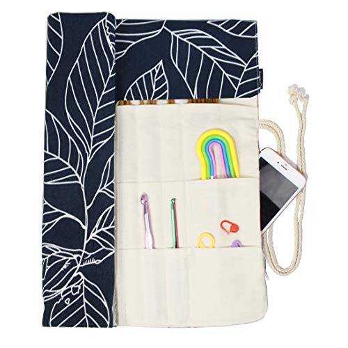 Knitting Needles Holder Case Rolling Organizer for Crochet Hooks Accessories, Mother's Day Gift (Navy Leaf)