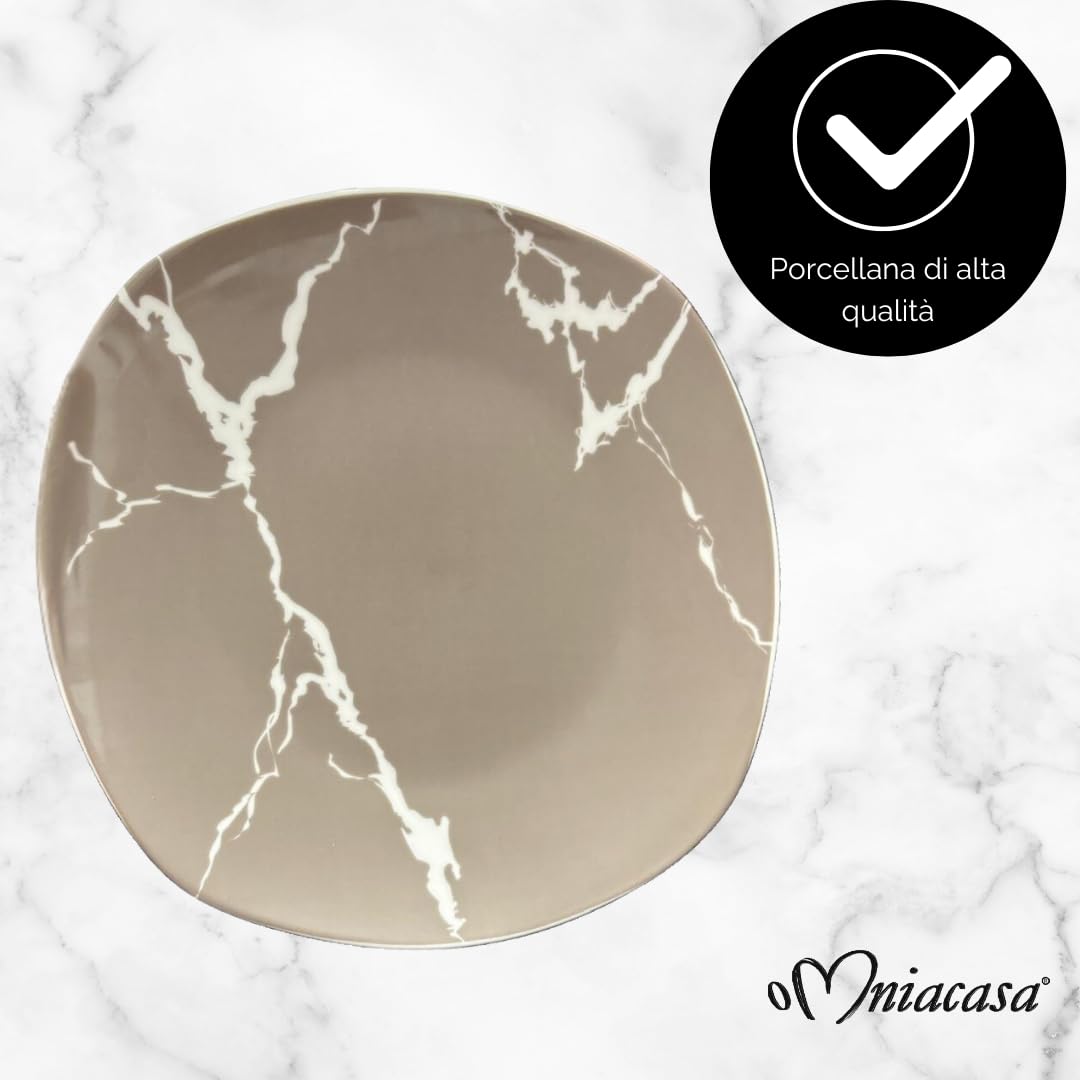 Servizio Piatti 38 Pezzi Per 12 Persone | Resistente Porcellana Bianca e Tortora Design Moderno Marmorizzato Elegante Raffinato | Uso Quotidiano, Occasioni Speciali, Lavabile in Lavastoviglie
