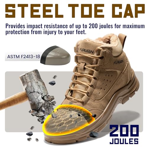 Furuian Winter Steel Toe Boots for Men - Insulated Safety Toe Work Shoes, Breathable Mid Top Tactical Boots for Industry Construction Safety3