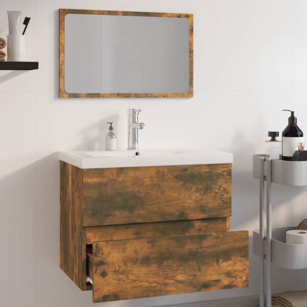 Juego de muebles de baño de madera de roble ahumado con armario para lavabo y espejo de pared, 60 x 38,5 x 45 cm, incluye grifo, muebles de baño para baño moderno, solución práctica de