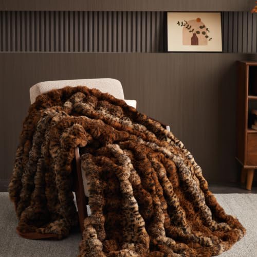 THRIVINGIVAN Leopard Print Fluffy Faux Fur Throw Blanket for Couch Bed | Soft Fuzzy Cheetah Print Faux Rabbit Fur Blanket, Cozy Plush Thick Warm Decorative Lap Throw for Women, 50x60, Brown