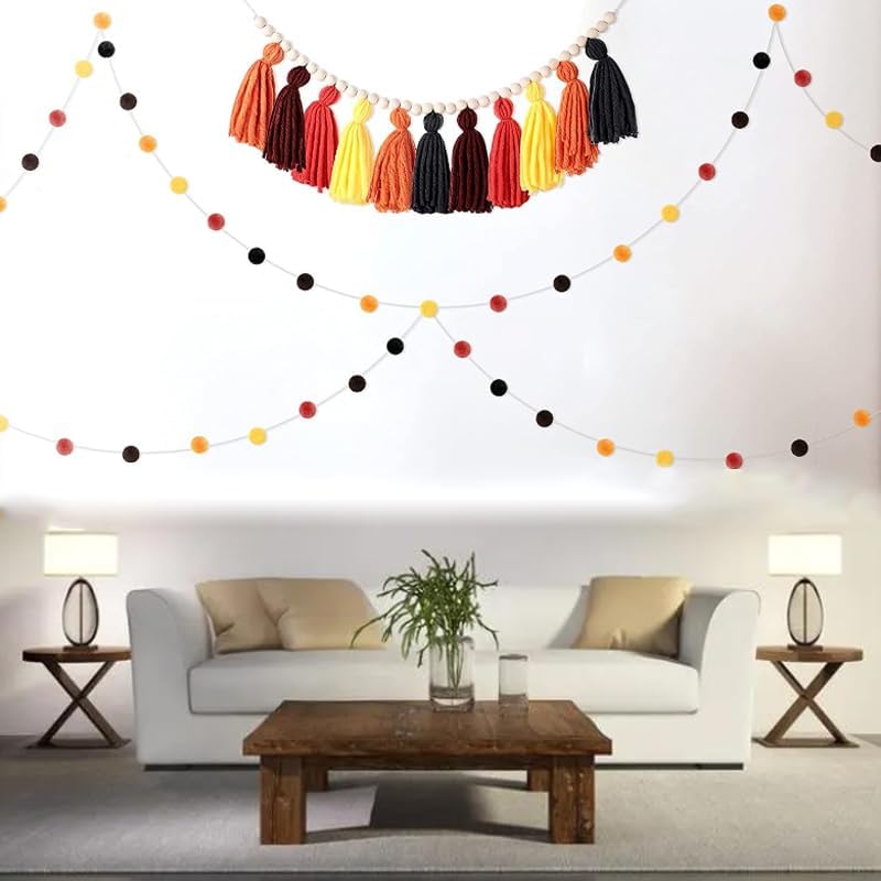 Miniatura 3 de BetterJonny Decoración bohemia para colgar en la pared, pancarta de borla pastel con cuentas de madera y 2 guirnaldas de bolas de fieltro con Estilo