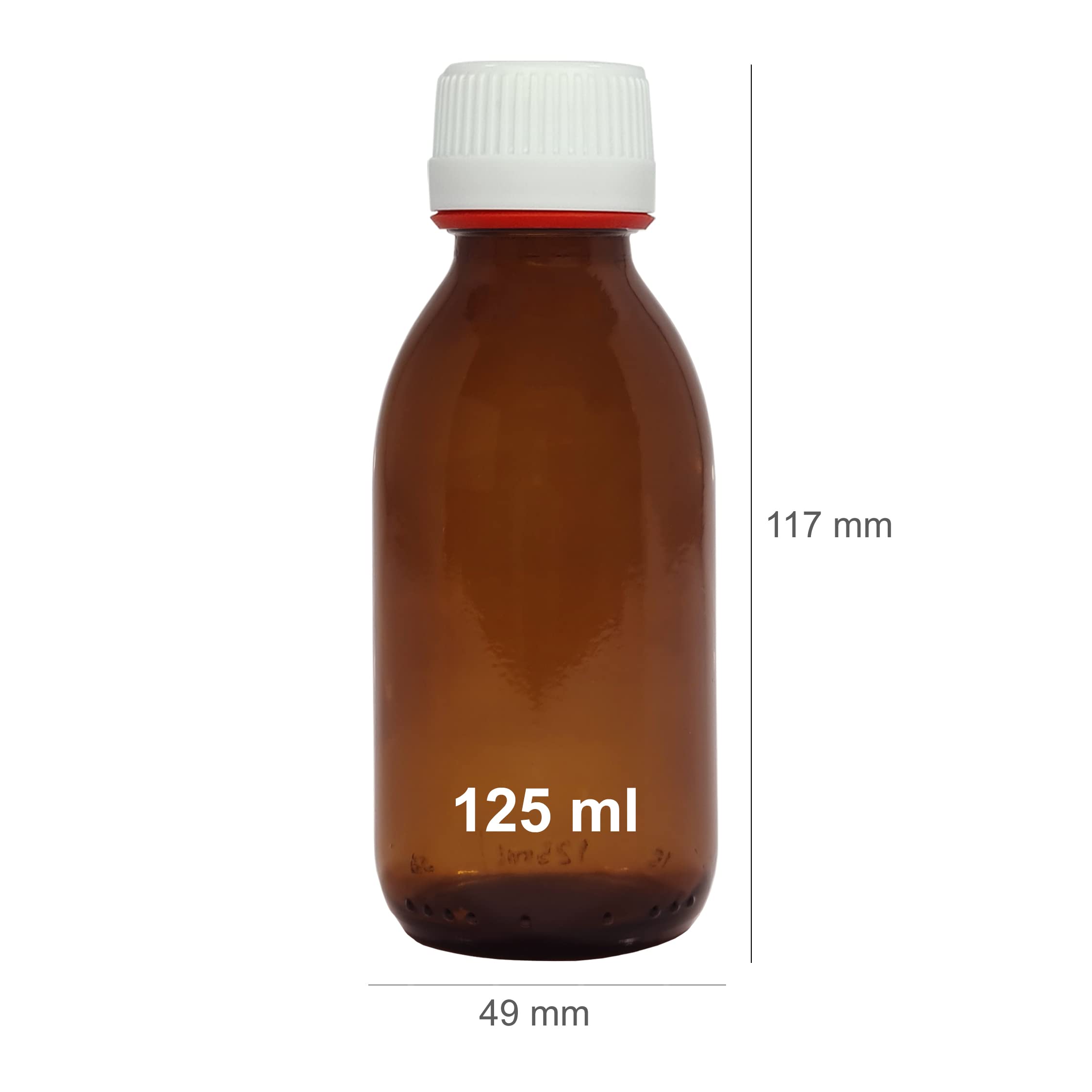 Botella de vidrio ámbar 125 ml con tapón a rosca y precinto - 6 unidades