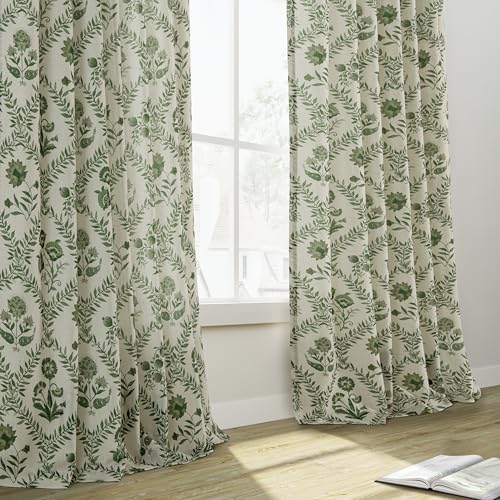 Image of Green Floral Linen Patterned Semi Sheer Curtains 63 Inch Length 2 Panels | Living Room Bedroom, Back Tab, Farmhouse, Boho French Country, Poppy Flower Plant, Kitchen Window Curtain Drapes, 52x63