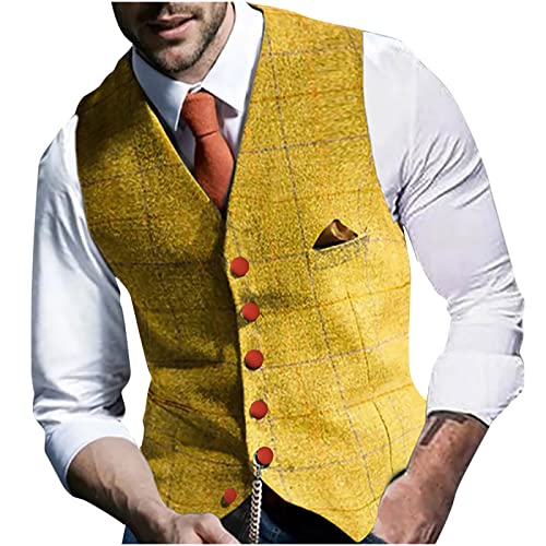 5665 Mens Plaid Jacket V-Neck Sleeveless Formal Fashion Vest Waistcoat Business Dress Suit Vests for Wedding Blazer Vest