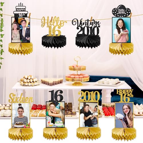 Image of Eucutur 8Pcs Sweet 16 Party Decorations Honeycomb Centerpieces for Boys Girls, Black Gold Vintage 2010 16th Bday Photo Table Centerpieces Party Supplies, Glitter Sweet Sixteen Bday Table Topper