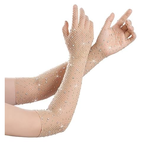 SUMERSHA Women Rhinestone Fishnet Gloves Long Mesh Gloves Sparkly Opera Party Stretchy Glitter Sheer Gloves for Wedding Halloween Costume Accessories (Nude) Cover