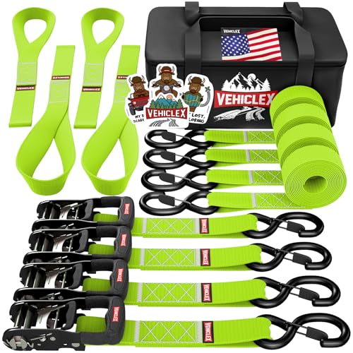 Image of Vehiclex Motorcycle Ratchet Tie Down Straps with Soft Loops, 1.5 inch x 8' | 4,400 lbs Break Strength, Powersports Tie Downs, Full Bend S Hooks with Safety Clips, Reinforced Stitching, 4 Pack, Green