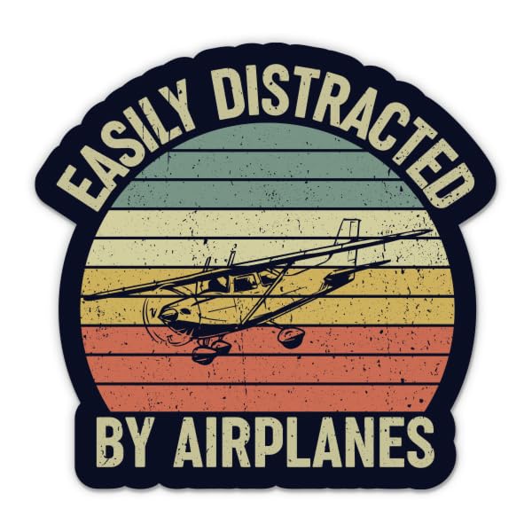 Easily Distracted by Airplanes Sticker - 3" Laptop Sticker - Waterproof Vinyl for Car, Phone, Water Bottle - Funny Pilot Airplane Decal