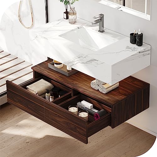 Hernest Floating Bathroom Vanity 40 Inch Wall Mounted Bathroom Storage Cabinet Integrated Set With Rock Panel Countertop, Ceramic Basin Sink And 2 Drawers For Washroom, Brown #TOP3