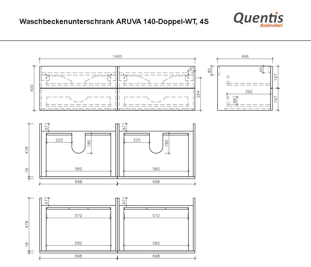 Quentis Badmöbelset ZENO 140 cm, Doppelwaschtisch mit Unterschrank, Eiche Natur, 4 Schubladen, Unterschrank montiert