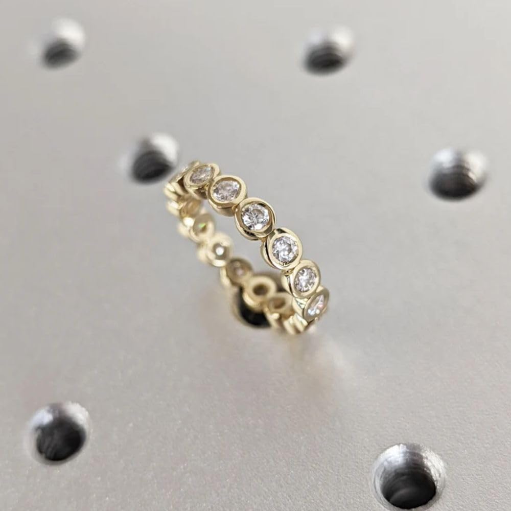 2 Ct Round Cut Diamond Classic Full Eternity Bezel Set Stacking Wedding Band Rings For Women 14K Yellow Gold Plated 925 Sterling Silver Handmade Customized Stackable Anniversary Band Gift For Her