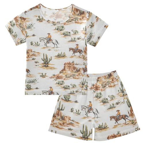 ALAZA Western Cowboy Cactus Pajamas Set Short Sleeve Cotton Sleepwear Summer Pjs 2 Piece 5-14Y