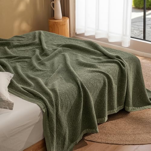 Image of PHF Stone Washed 100% Cotton Waffle Blanket, Vintage Deep Honeycomb Texture, Breathable Thermal Blanket for Bed & Home Decor, All Season Layering - King, Moss