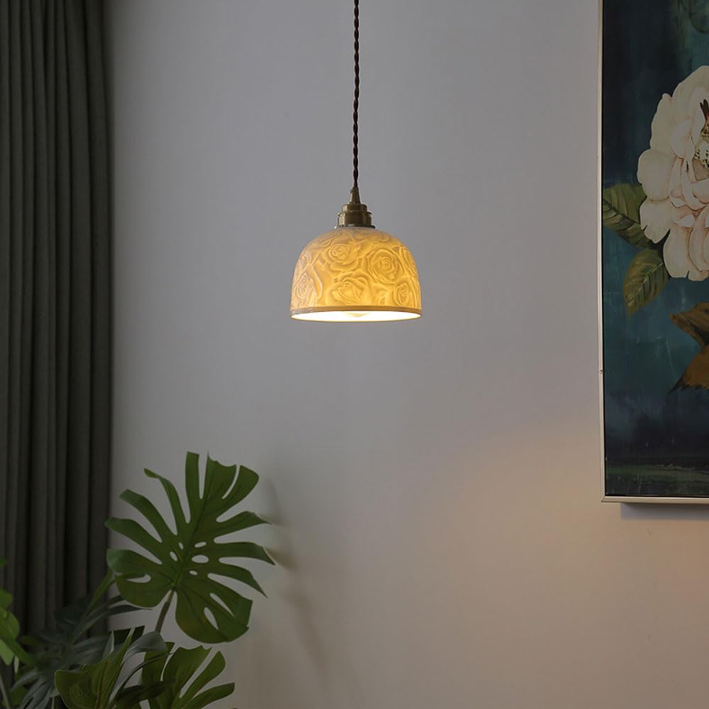 1-punktowa lampa wisząca ceramiczna lampa wisząca, E26/E27 lampa sufitowa zwisająca lampa nordycka do kuchni wiejskiej wyspy sypialnianej 6,1 cala średnicy biały różany wzór abażur innovate