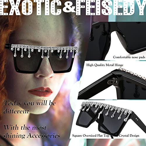 FEISEDY Oversized Square Trendy Sunglasses Womens Crystal Tassels Sparkling Shades Flat Top Visor B29763