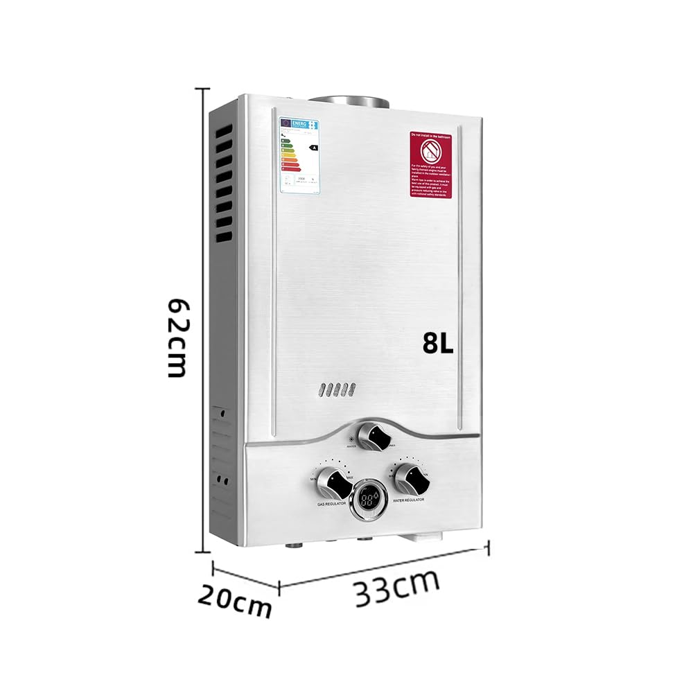 Chauffe-eau à Gaz 8LPM,Instantané 8LPM 16kW LPG GPL au Butane Propane avec Modes Hiver et Eté, CE Certifié,avec une Pression d'Eau de Départ Très Faible,pour la Maison,la Caravane,les Cabines (8L)