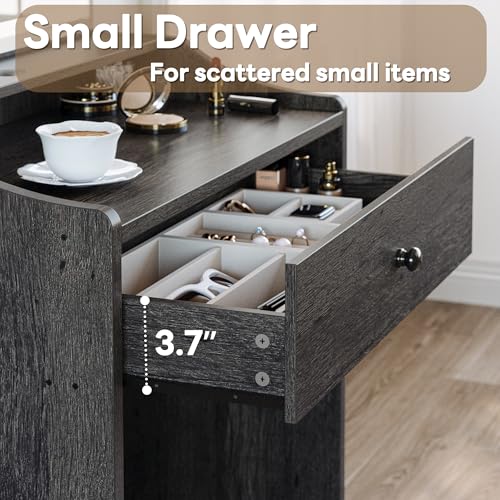 Image of LIKIMIO Small Vanity Desk with Mirror Lights and Storage Stool | Charcoal grey compact vanity with 3 light modes, charging station, storage drawer, 3 shelves and upholstered stool