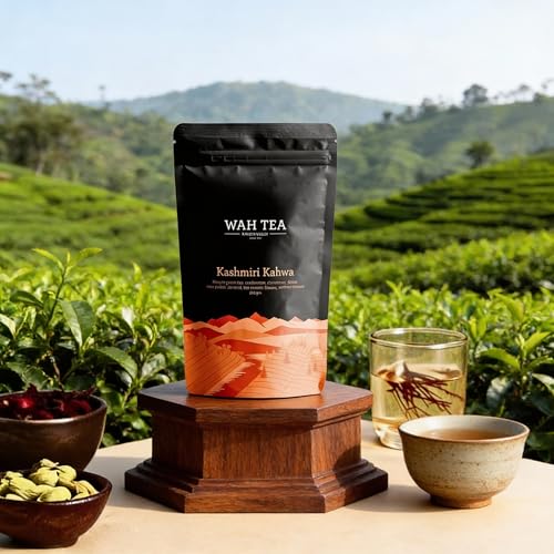 Image of Wah Tea Kashmiri Kahwa Loose Leaf Green Tea - Traditional Saffron Flavor with Rose Petals, Cardamom & Almonds | Warming, Fragrant & Immunity Supporting Blend | 100g