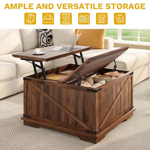 DWVO Lift Top Coffee Table with Storage, Farmhouse Coffee Tables for Living Room, Square Table with Lifting Top Wood Center Table with Large Hidden Storage, Reclaimed Barnwood