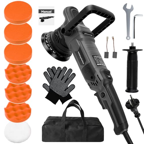 Uadme Pulidora Orbital Coche 1600W, 6 Velocidades Variables 600 3600RPM, 4M Cable, con 6 Almohadillas de Pulido, D Mango Desmontable/Mango Lateral, Maquina de Pulir, para Detallar, Pulir y Encerar