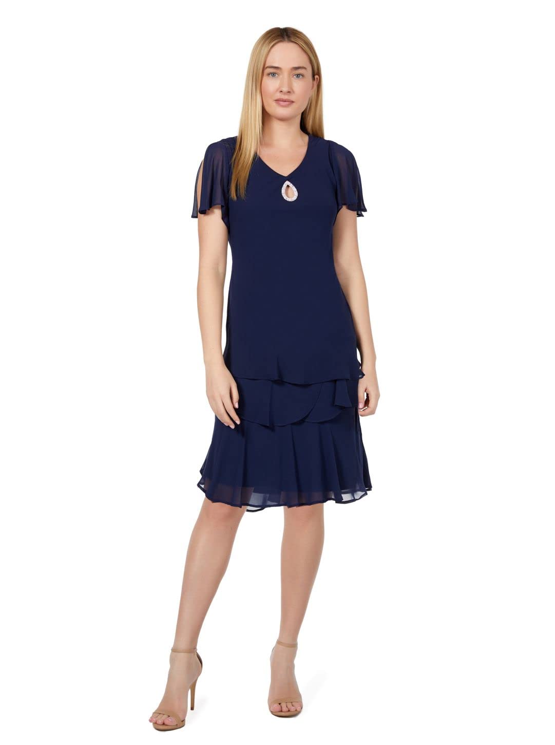 Flutter Sleeves Scoop Chiffon Ruffles Long Dress Pool
