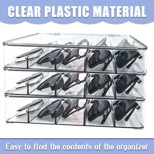 HFYZZ 3 Packs Plastic Sunglass Organizer, 5 Slots Stackable Eyeglass Case Storage Organizer with Lid, Clear Eyewear Storage Display Case Eyewear Collection Case Holder for Multiple Glasses Jewelry