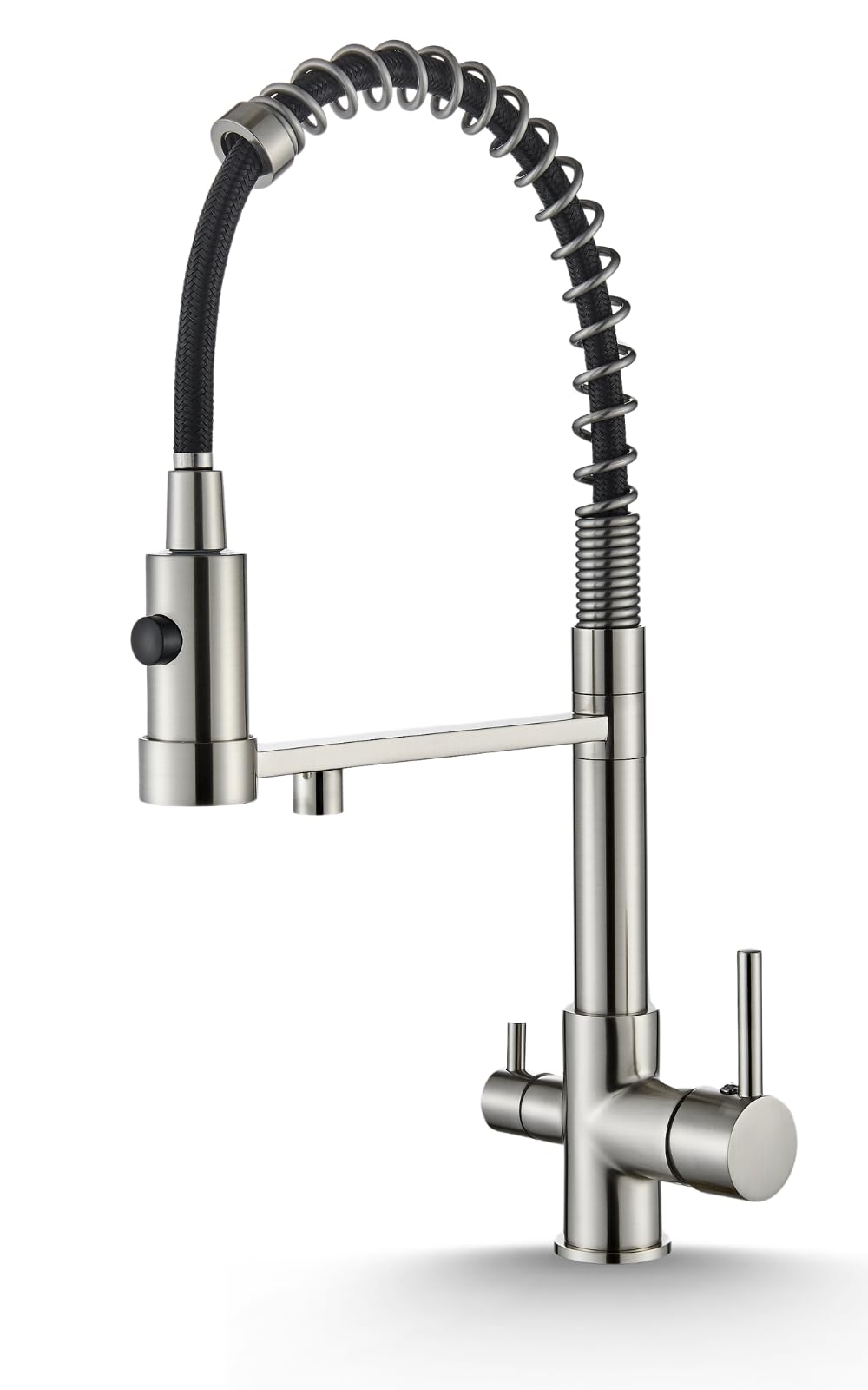 Ari 3-Wege Küchenarmatur mit Ausziehbarer Brause Schwenkbar Edelstahl Hoher Auslauf Solid Spring im Set mit Untertisch Wasserfilter Trinkwasser System Crystal A