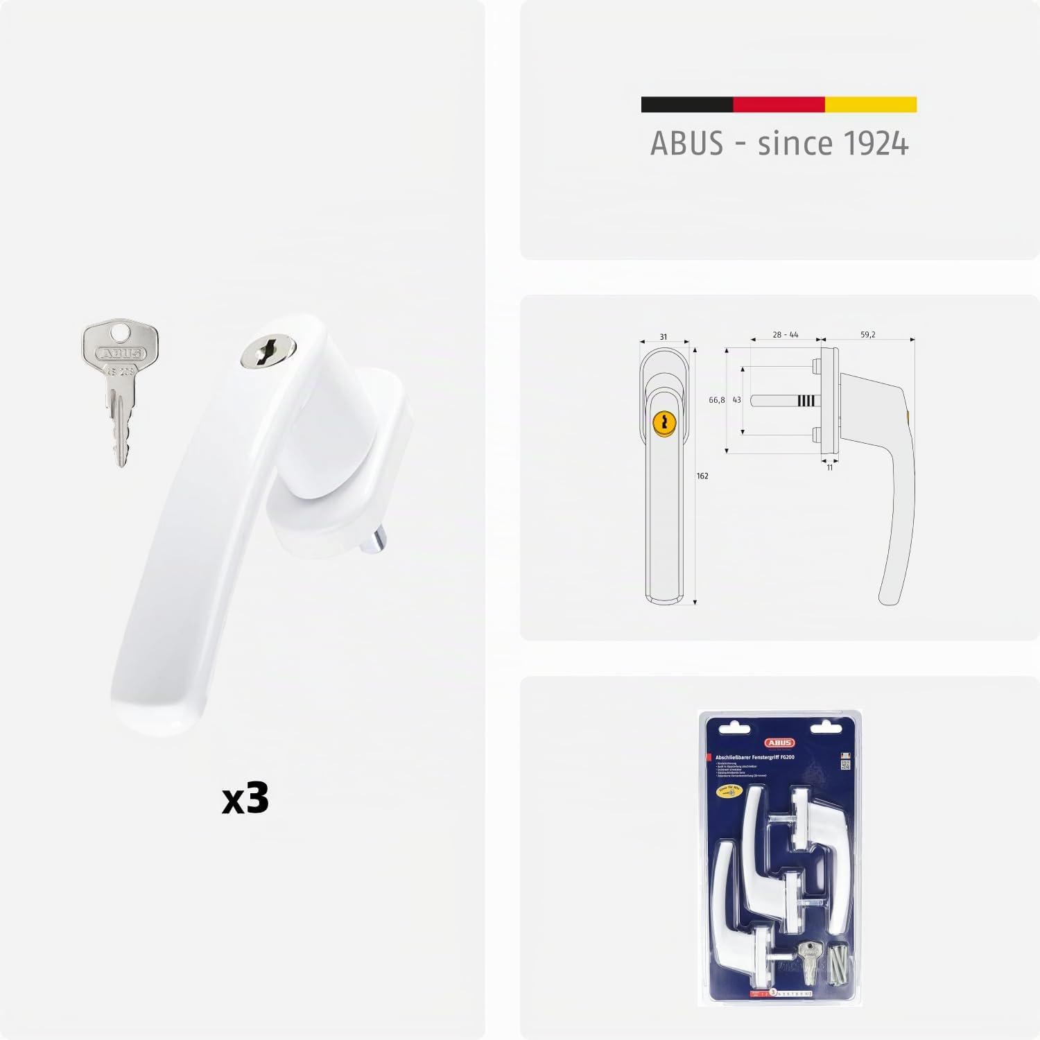 ABUS Poignée de Fenêtre Verrouillable FG200 AB208 - Lot de 3 - Bouton de Fenêtre avec Cylindre de Pression, à Verrouillage Différent - Niveau de Sécurité 3- 54576 - Blanc