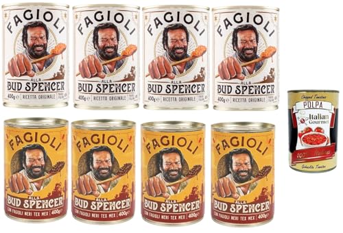 Fagioli alla Bud Spencer - Frijoles cocinados en salsa, caja 400 g, Receta italiana original o Tex-Mex (fagioli neri) Listos para calentar, Fuente de proteínas, 8 x 400 g + Italian Gourmet polpa 400 g
