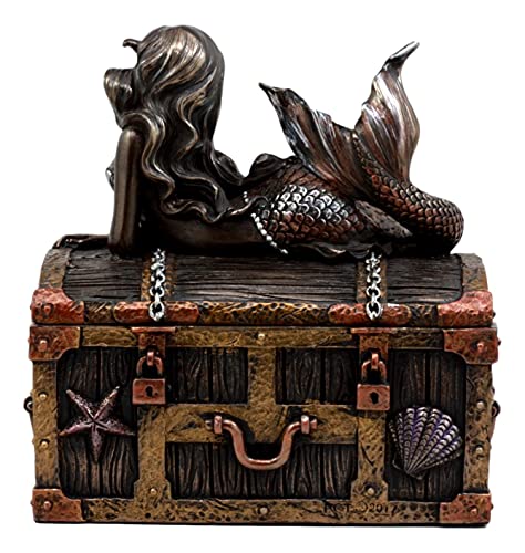Ebros Bronzed Mermaid Nerida Resting On Sunken Treasure Jewelry Box Figurine 5.25"L Decorative Trinket Keepsake (Faux Bronze Patina) #TOP4