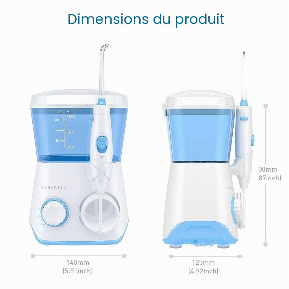 TUREWELL Jet Dentaire Hydropulseur - Avec 8 Buses Multifonctions, 10 Réglages de Pression D'eau, IPX7 Étanche, 600ML Irrigateur Dentaire Pour Les soins Familiaux (Blanc)