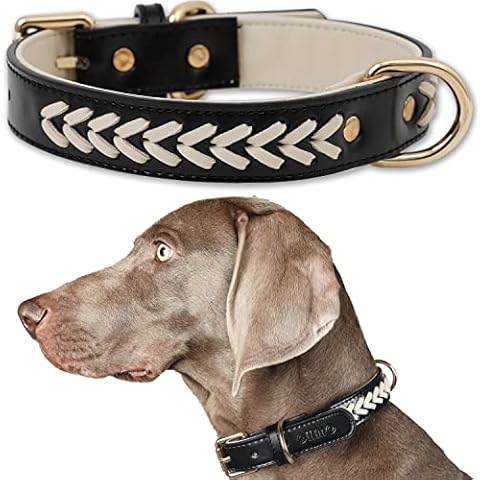 OHMO Black Braided Leather Dog Collar for Medium Dogs, Adjustable Padded Collar with Double D-Rings (34-44cm Neck Size) Cover