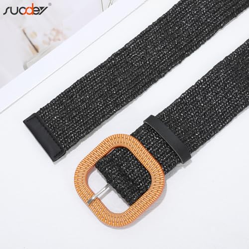 Image of SUOSDEY 2 Pack Straw Woven Elastic Belt Braided Stretch Wide Boho Rattan Waist Belt for Women Dresses, 07-black+beige, Fit Waist up to 35''