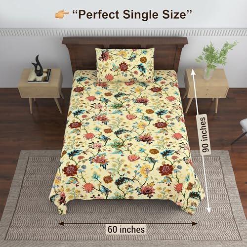 Image of Mafatlal Saanjh 144 TC Cotton Single Bedding Collection 90x60 Inch | Breath Easy Summer Fabric | Elegant Printed Surface | Block Printed | Durable Comfort Weave | Pillowcase Included | Soft Yellow