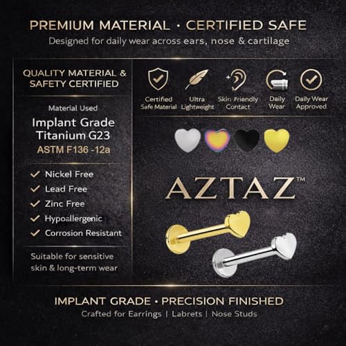 Image of AZTAZ Titanium G23 Internally Threaded Heart Nose or Lip Labret or Earring - High Polish 16G for Ear, Helix, Tragus. Hypoallergenic 4 mm Flat Back Base, 7-10 mm Length
