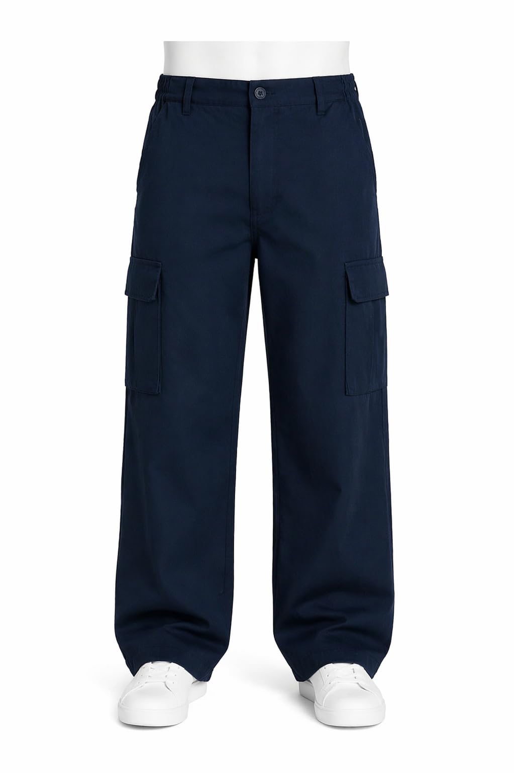 Urbanfit Men's Navy Cargo Trousers, Elasticated Waist, 6 Pockets, Open Hem, Chino Style - 2388 (Uk, Waist & Inseam, 34, 31, )