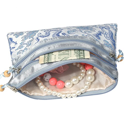 kilofly 2 pc Chinese Silk Brocade 3 Zipper Pocket Tassel Jewelry Bag Gift Pouch - Image 3