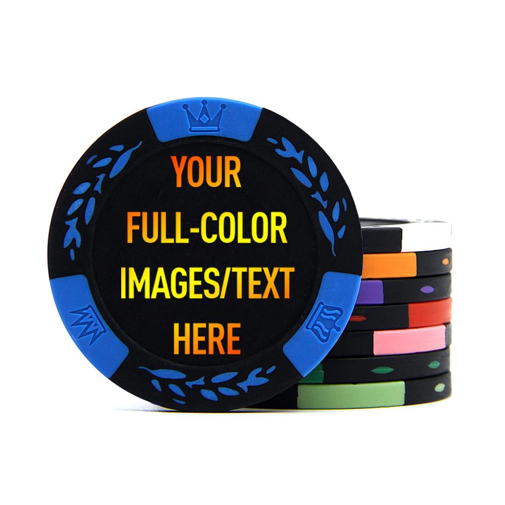 100 jetons de poker en argile de qualité supérieure, personnalisez votre image et votre texte, jetons de casino de 11,5 g pour Texas Hold'em, Blackjack Gambling (bleu)