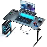 Small Gaming Desk with LED Lights & Power Outlets, 47 Inch Computer Desk with Monitor Stand, PC Gaming Table with Carbon Fiber, Black