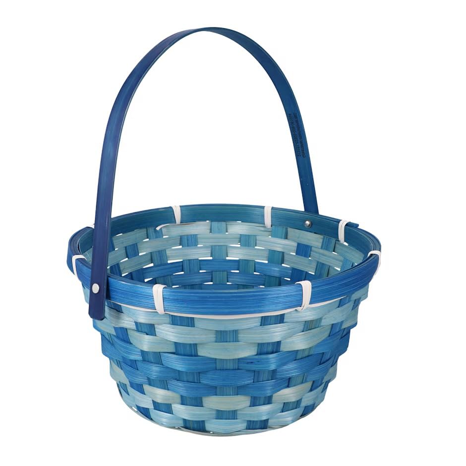 Woven Bamboo Round Hinged Handles Easter Basket Bright Assort Colors Set of 3 1Blue 1Green 1Purple Measures 10.2