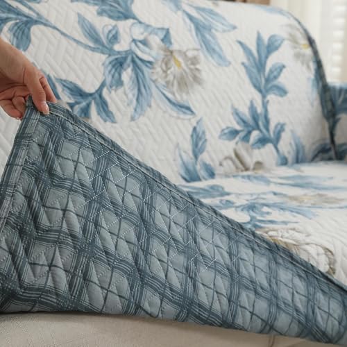 Image of Printed Quilted Sofa Mat for 5 Seater (3+1+1) - Floral Design Slipcover with Armrest, Pockets on Both Sides, Fully Covered Sofa Protector - Blue