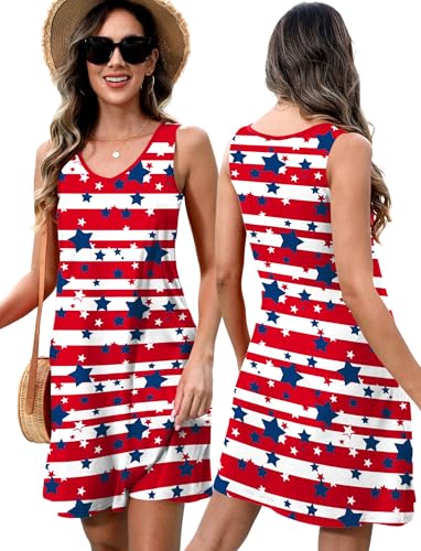 Image of LHBNK 4th of July Dress for Women: American Flag Tank Dresses Star Striped Splicing Loose V Neck Sundresses