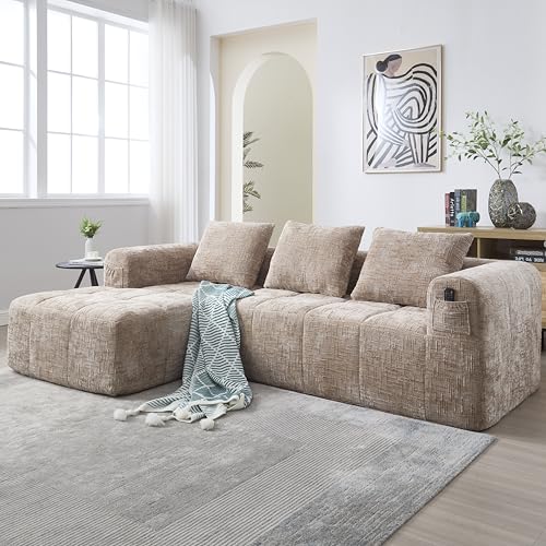 Zepneiy Canapé 3 Places en Forme de U, Fauteuil rembourré avec Méridienne, Canapé 3 Places Canapé Moderne Design accoudoirs et 3 Coussins, Chenille Kaki
