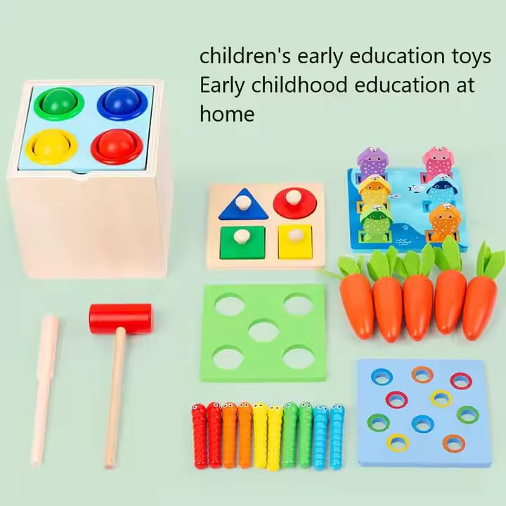 Mara Bommai® Wooden Montessori 5-in-1 Activity Toy Set | Educational Learning Toys for Toddlers | Shape Sorting, Hammering, Fishing, Carrot Harvest & More 3