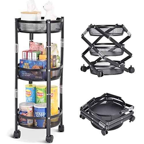 TOOLF 3-Tier Foldable Rolling Cart, Collapsible Metal Utility Cart with Wheels, Assembly-Free, Round Storage Organizer Trolley for Kitchen, Bathroom, Dorm, Nursery, Black