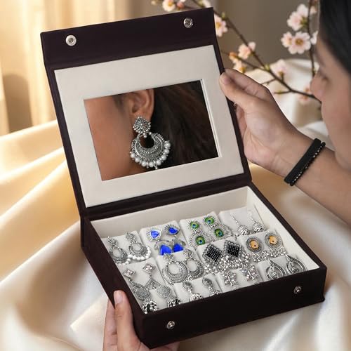 Image of Rangrez Oxidized Designer Earrings Set of 12 With Velvet Jewellery Organizer Box & Mirror | Minimalist & Traditional Jhumka Set for Womens & Girls
